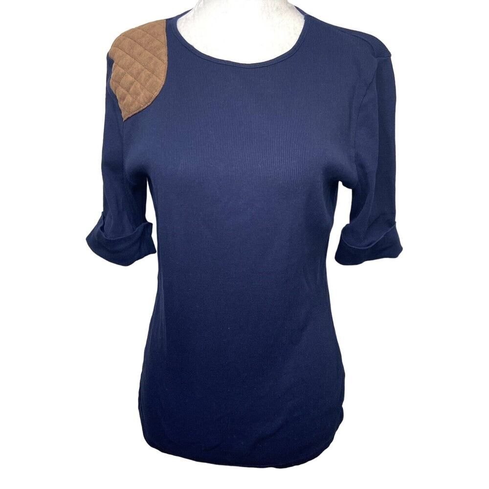 Lauren Ralph Lauren Pullover Ribbed Knit Top Faux Suede Shoulder Patch Navy Blue